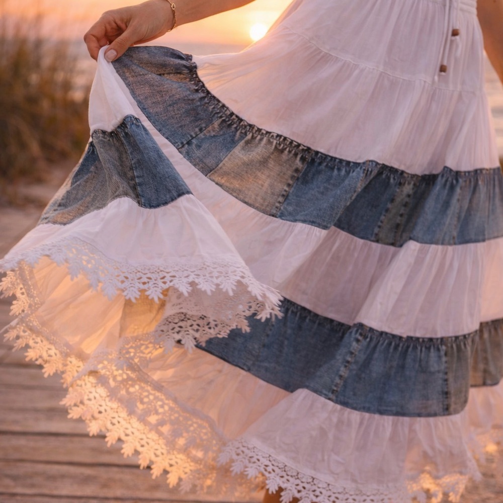 Young Threads Denim Patchwork Tiered Maxi Skirt X… - image 2